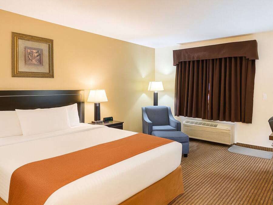 Une chambre d’hôtel avec un grand lit, une chaise, un bureau, une lampe, un radiateur et une fenêtre avec des rideaux.