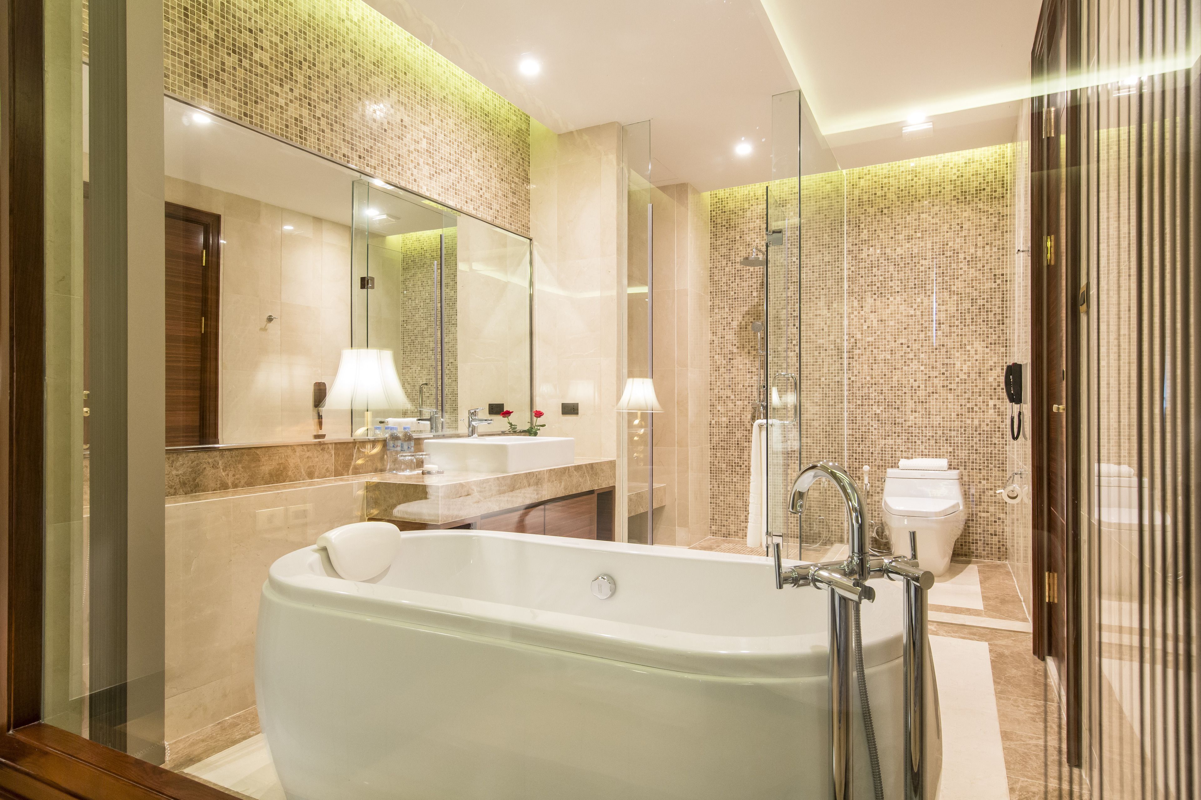 combined shower/bathtub, free toiletries, hair dryer, dressing gowns