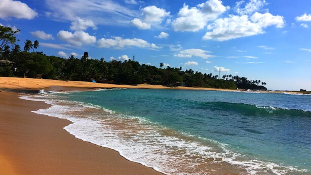 A beach with clear turquoise waters, sandy shore, and a line of palm trees under a blue sky with scattered clouds. - Sole Luna Resort & Spa (Tangalle)
