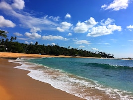 Uma praia com águas turquesa cristalinas, areal arenoso e uma fileira de palmeiras sob um céu azul com nuvens esparsas.
