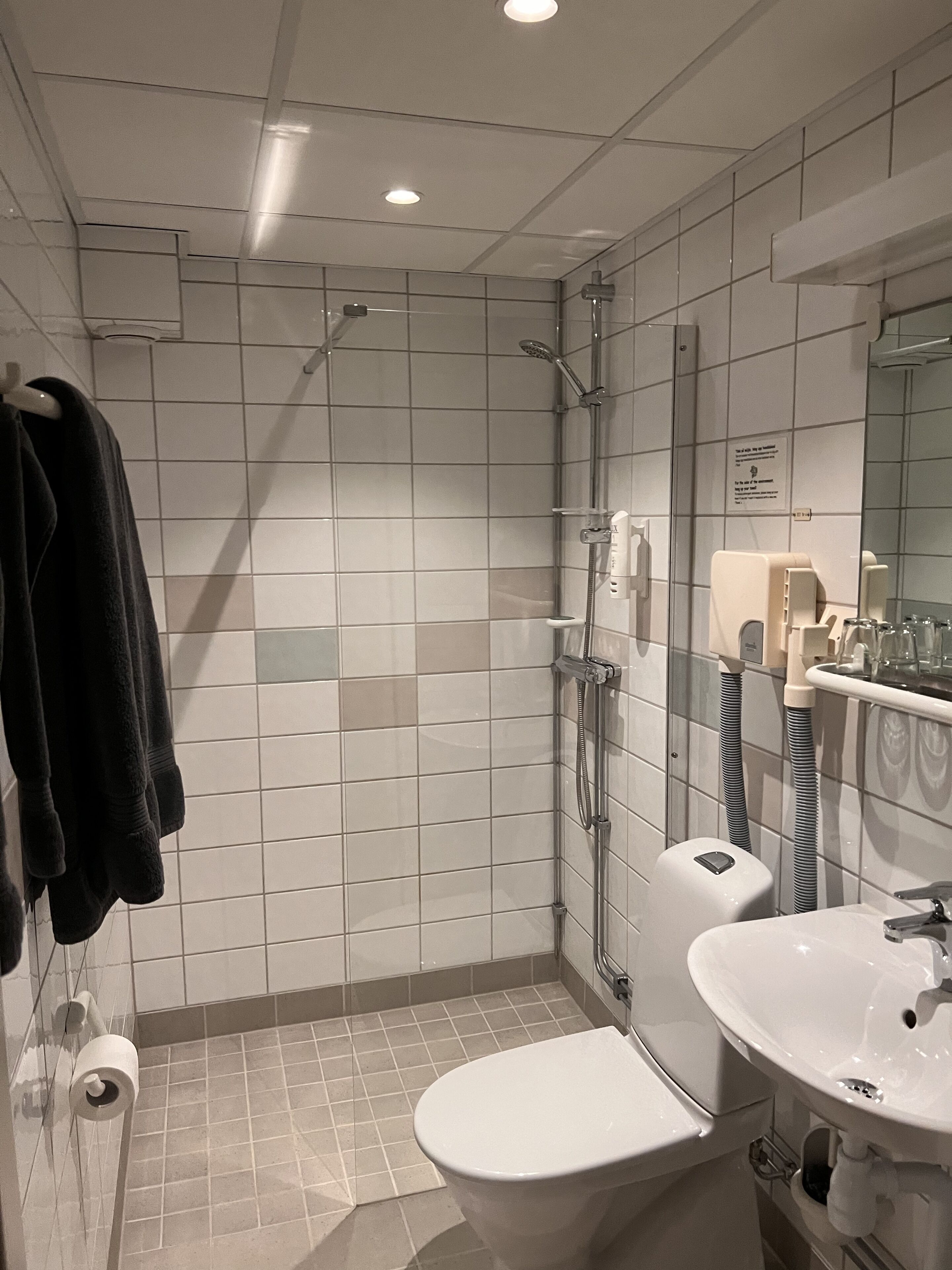 family room - no view | bathroom | shower, hair dryer, towels