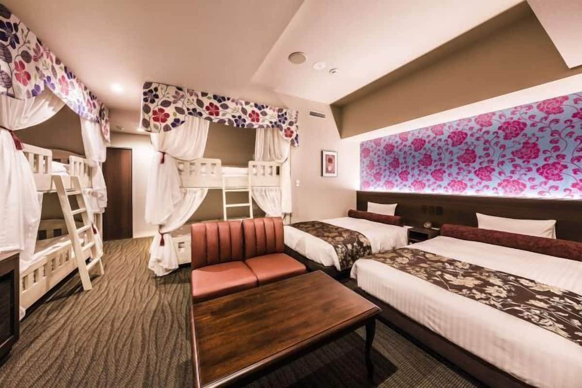 Individually decorated, desk, laptop workspace, blackout curtains