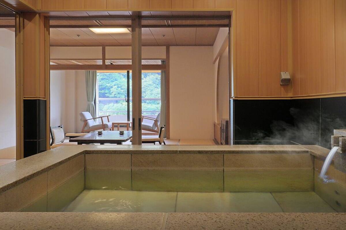A hot spring bath area with a stone bench, wooden walls, and a view of the outdoors.