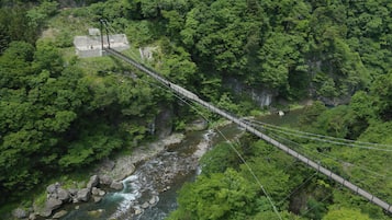 A suspension bridge over a river, surrounded by dense forest and rocky terrain.