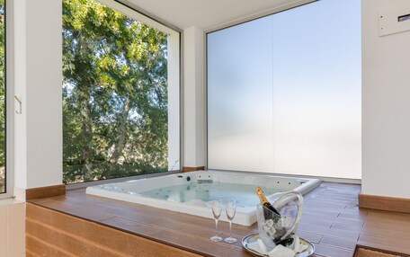 A spa area with a hot tub, wooden seating, and a view of trees through a large window.