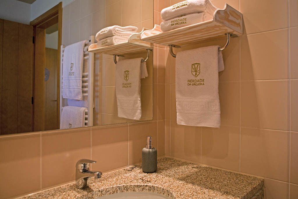 A bathroom with a granite countertop, a sink, and a mirror. There are towels hanging on a rack above the sink, each with a logo.