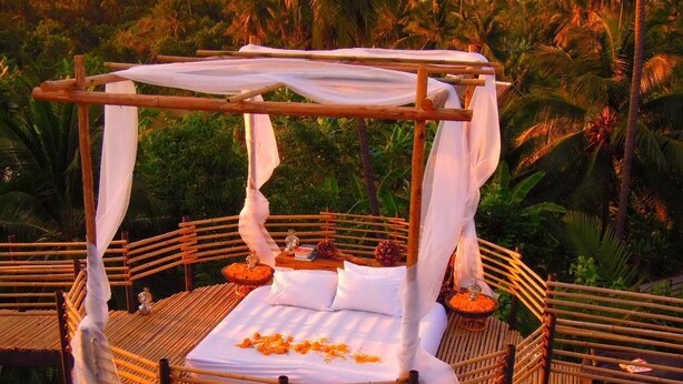 A bed with a canopy in a tropical setting. - Bangkok Tree House (Phra Pradaeng)