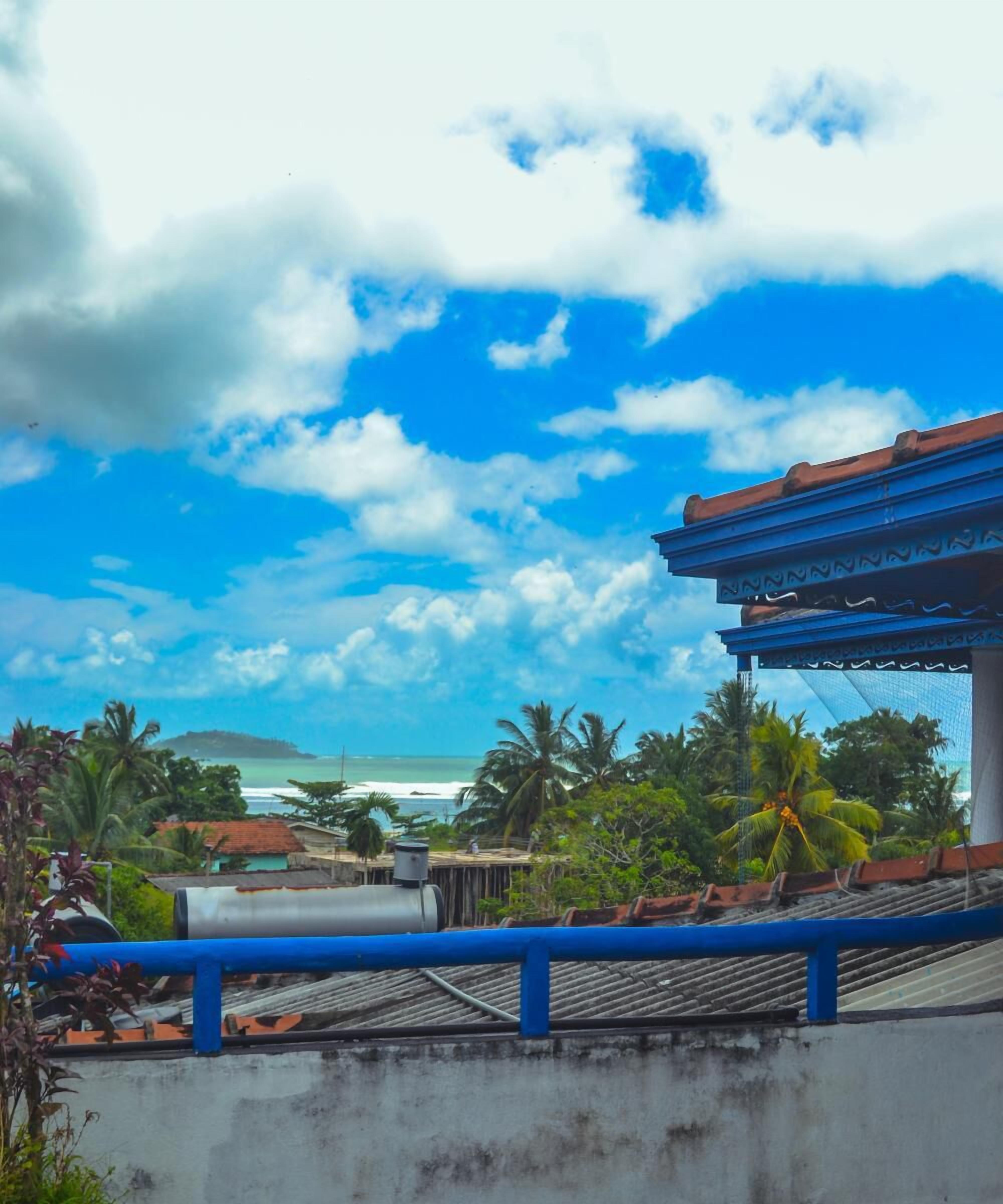 A coastal view with a clear sky, a blue railing, and palm trees.