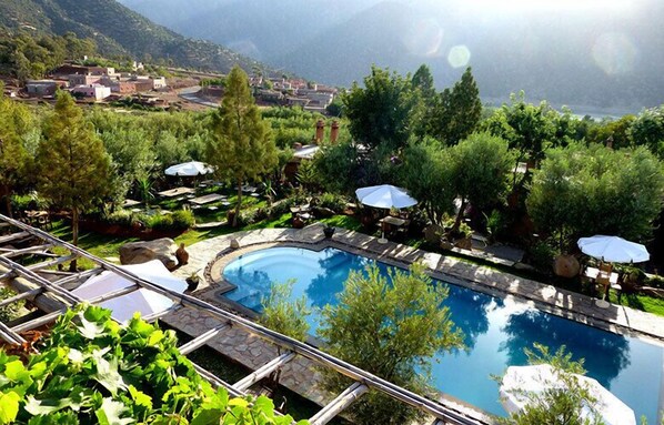 A pool with a stone deck, surrounded by lush greenery and umbrellas.