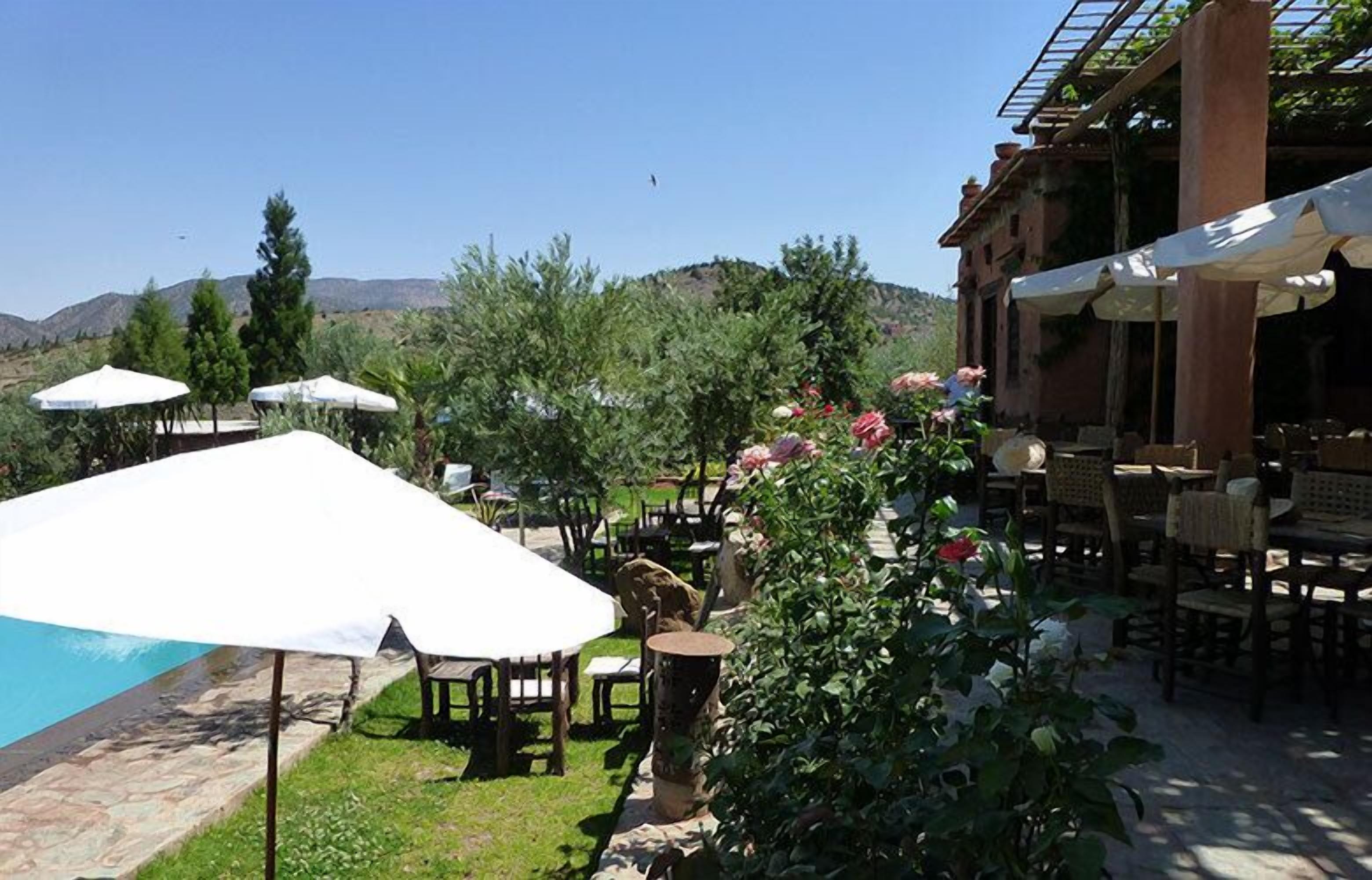 An outdoor dining area with tables and chairs, umbrellas, and a pool.