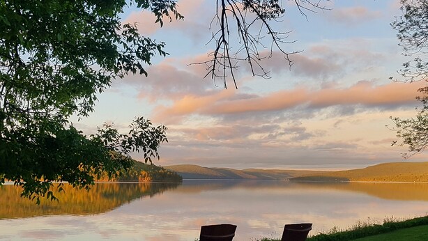 Una vista tranquila de un lago con dos sillas Adirondack de madera mirando hacia el agua, rodeado de exuberante vegetación y un cielo despejado.