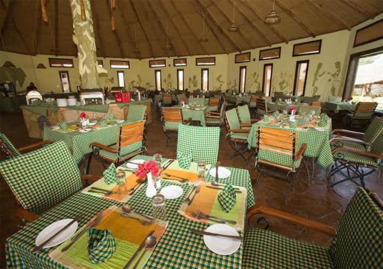 A dining area with checkered tablecloths, wooden chairs, and a rustic ceiling.