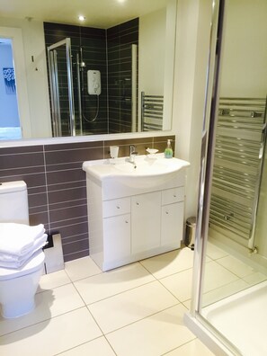 A modern bathroom with a white sink, a glass shower enclosure, and a toilet.