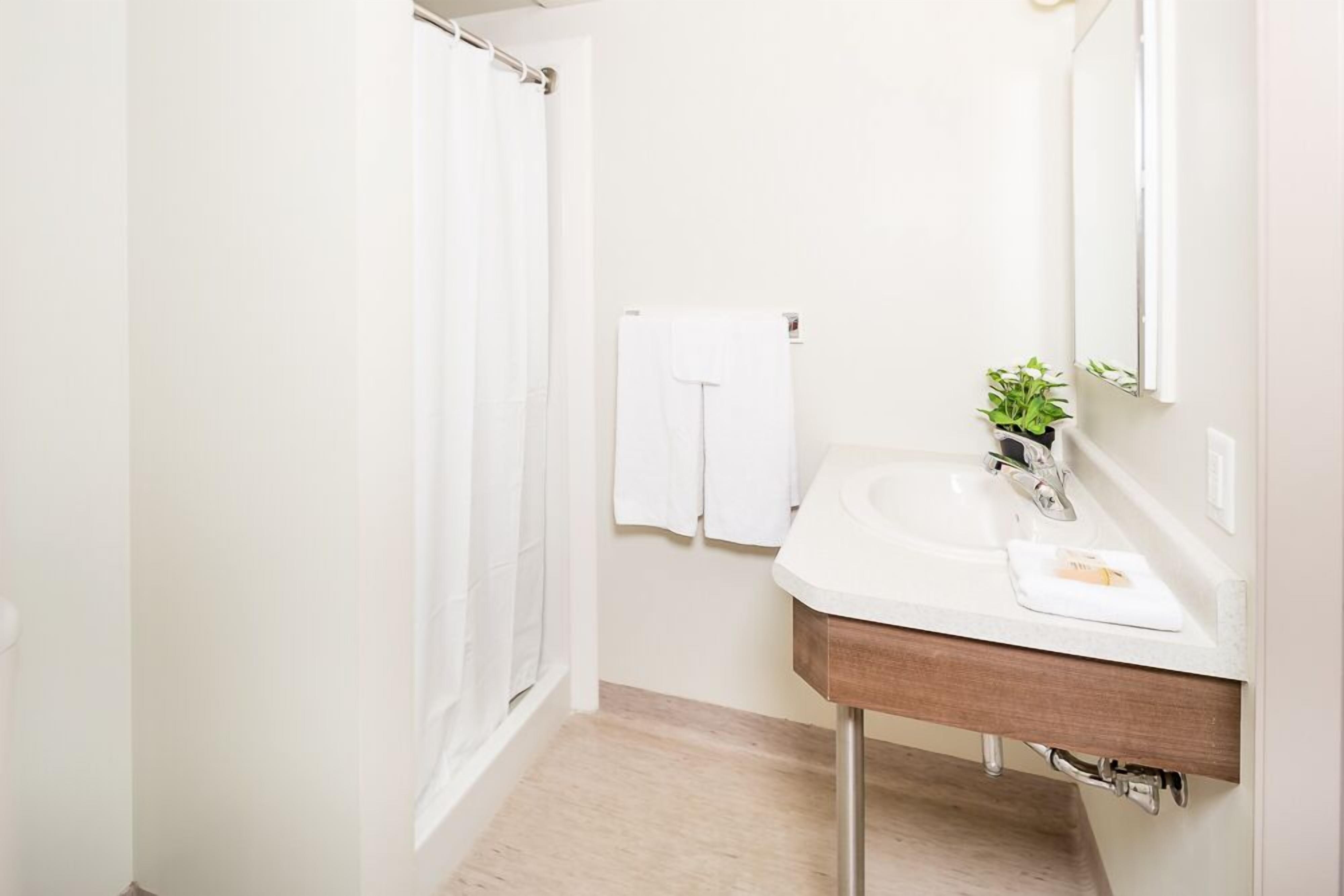 Un bagno con lavandino bianco, uno specchio e una tenda da doccia.