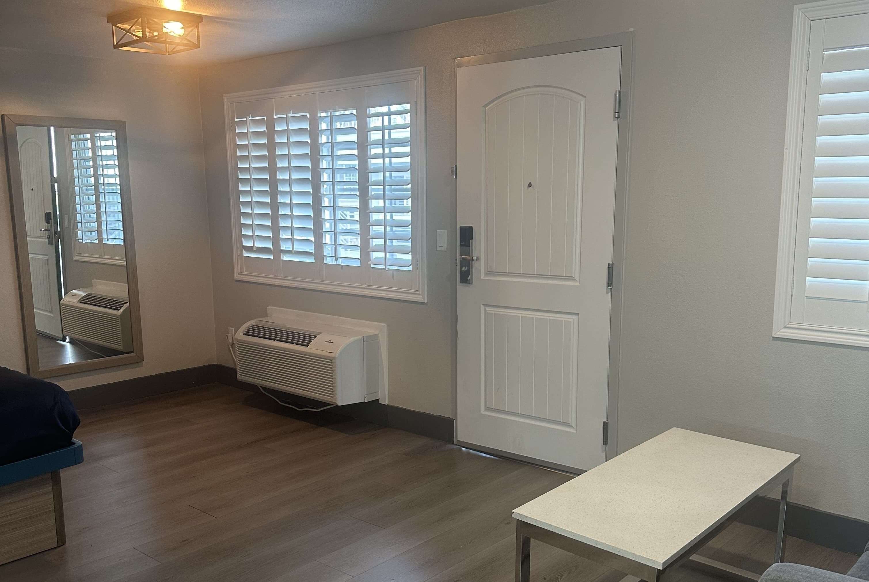 A room with a door, a window with blinds, a radiator, a table, and a mirror.