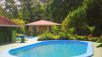 4 albercas al aire libre, acceso de 08:00 a 21:00, y camastros