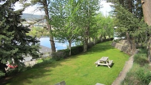 Un patio trasero con césped, una mesa de picnic, árboles y vistas a un lago.