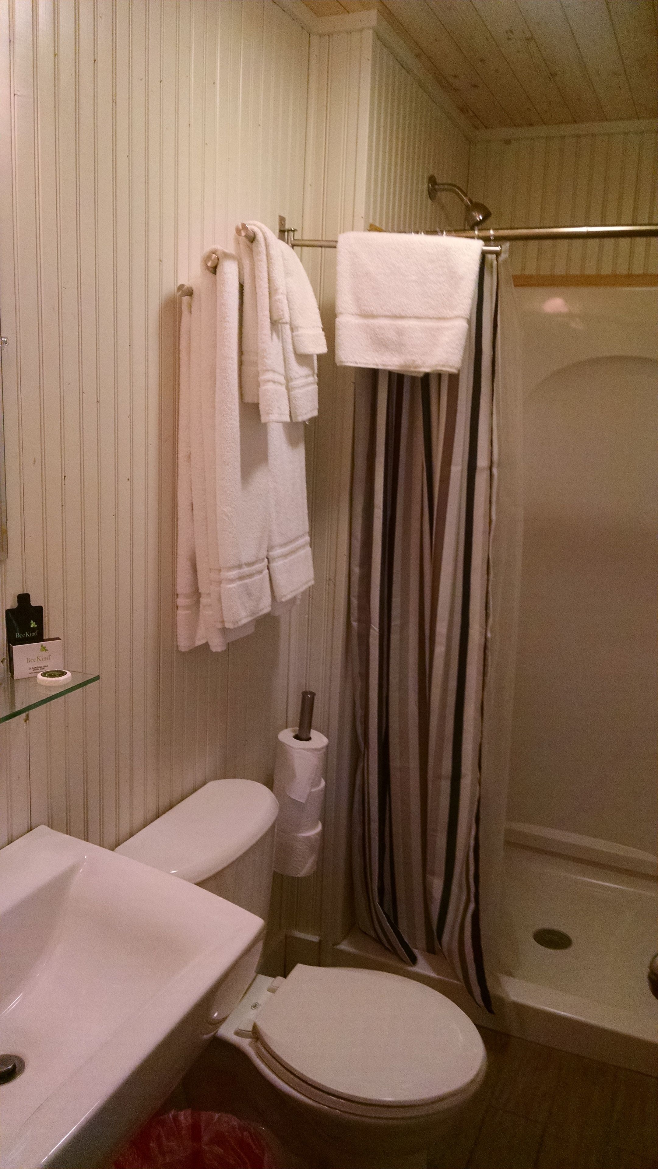 A bathroom with a toilet, sink, and shower.