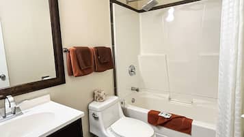 Combined shower/tub, free toiletries, hair dryer, towels