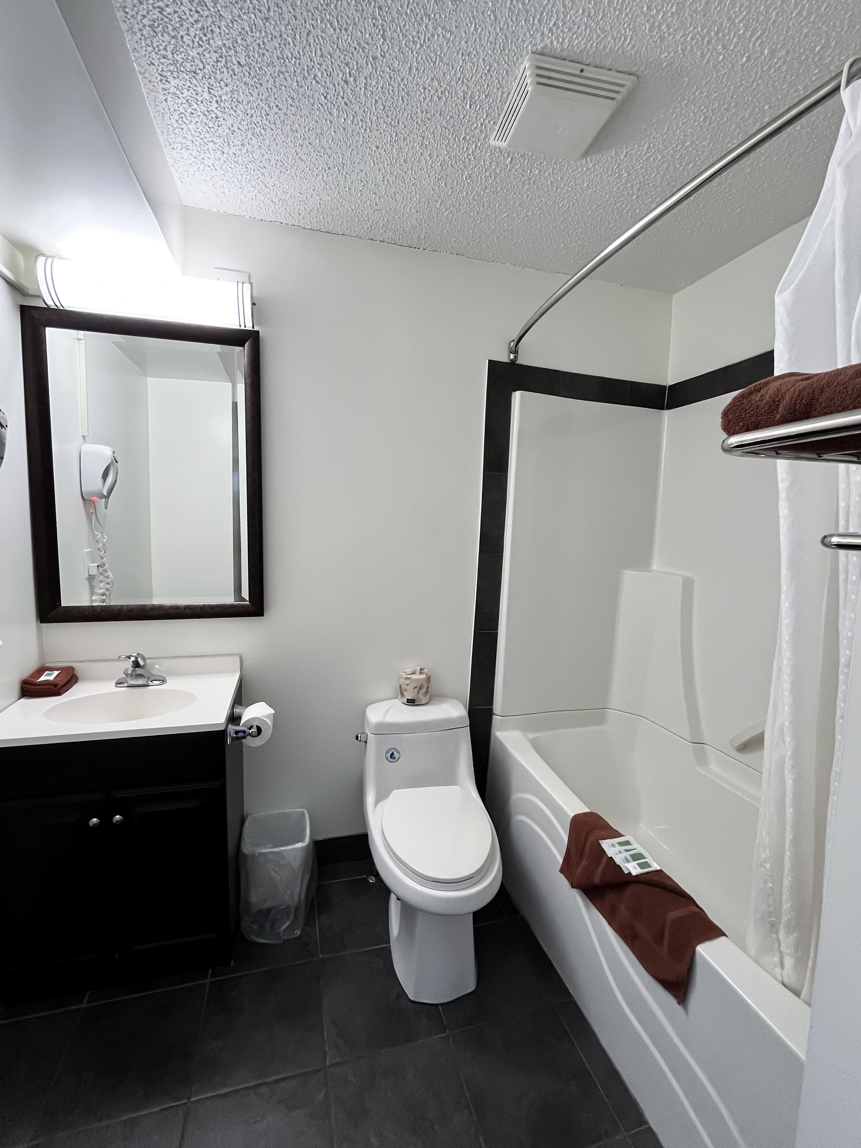 Combined shower/bathtub, free toiletries, hair dryer, towels