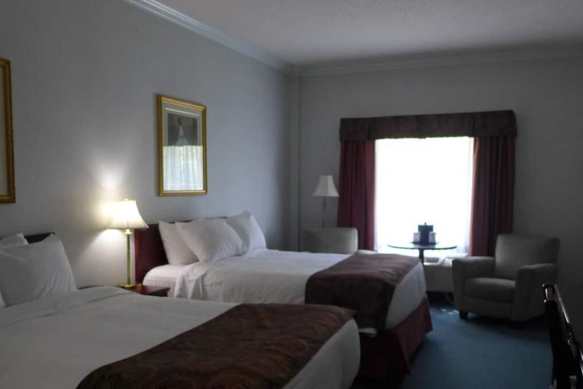 premium bedding, desk, laptop workspace, blackout curtains