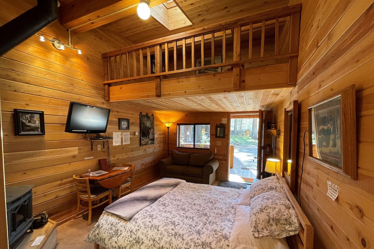 A cozy cabin room with a bed, a desk, a chair, a television, and a fireplace.