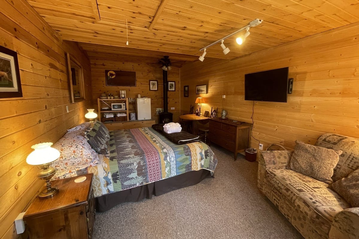 A cozy cabin-style room with a bed, a sofa, a desk, and a television.