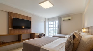 Minibar, desk, laptop workspace, blackout curtains