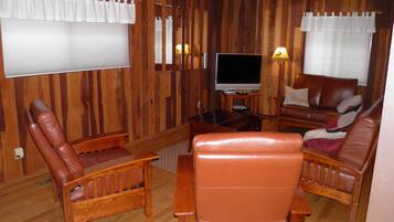 Cabaña clásica, 2 habitaciones | Sala de estar | Televisión, chimenea y reproductor de DVD