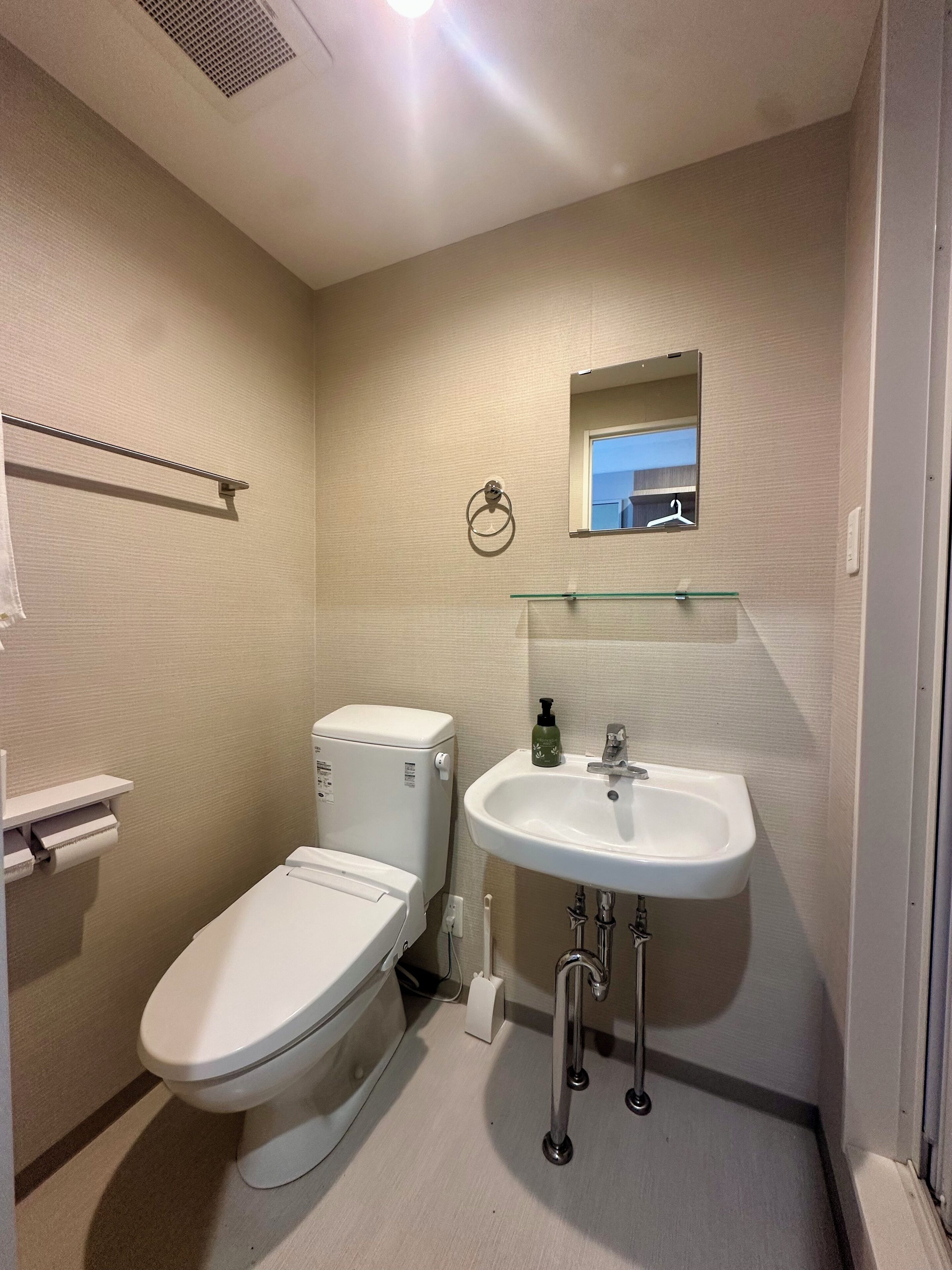A small, modern bathroom with a toilet, sink, and mirror.