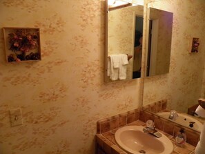 Ein Badezimmer mit Waschbecken, Spiegel und Handtuchhalter.