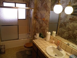 Un baño con inodoro, lavabo y ducha.