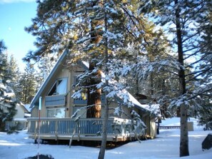 Una cabaña con terraza, rodeada de árboles cubiertos de nieve.