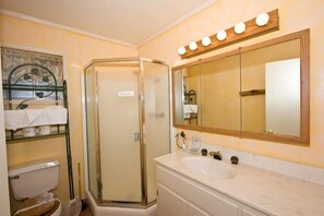 Klassiek huisje, 2 slaapkamers, bubbelbad | Badkamer | Een bad/douchecombinatie, handdoeken