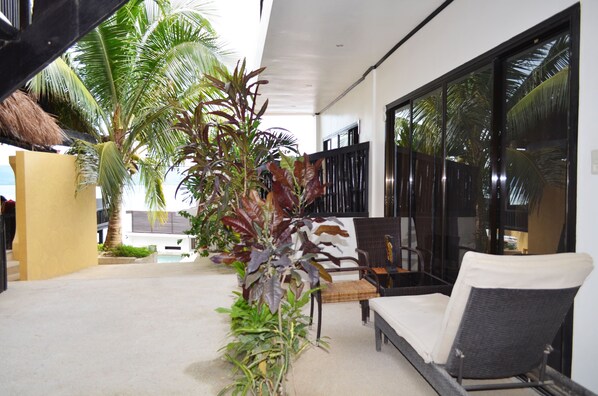 A modern indoor space with a seating area, a large window, and tropical plants.