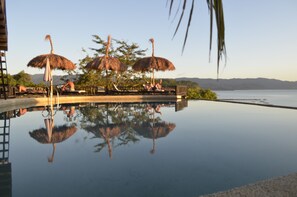 Una piscina a sfioro con ombrelloni in paglia e poltrona relax, che riflette il paesaggio circostante e le palme.