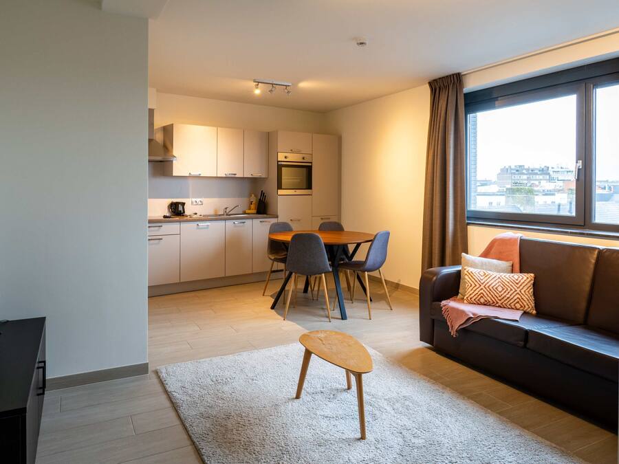 Un appartement moderne doté d’une cuisine, d’un coin repas et d’un espace de vie confortable avec une grande fenêtre.