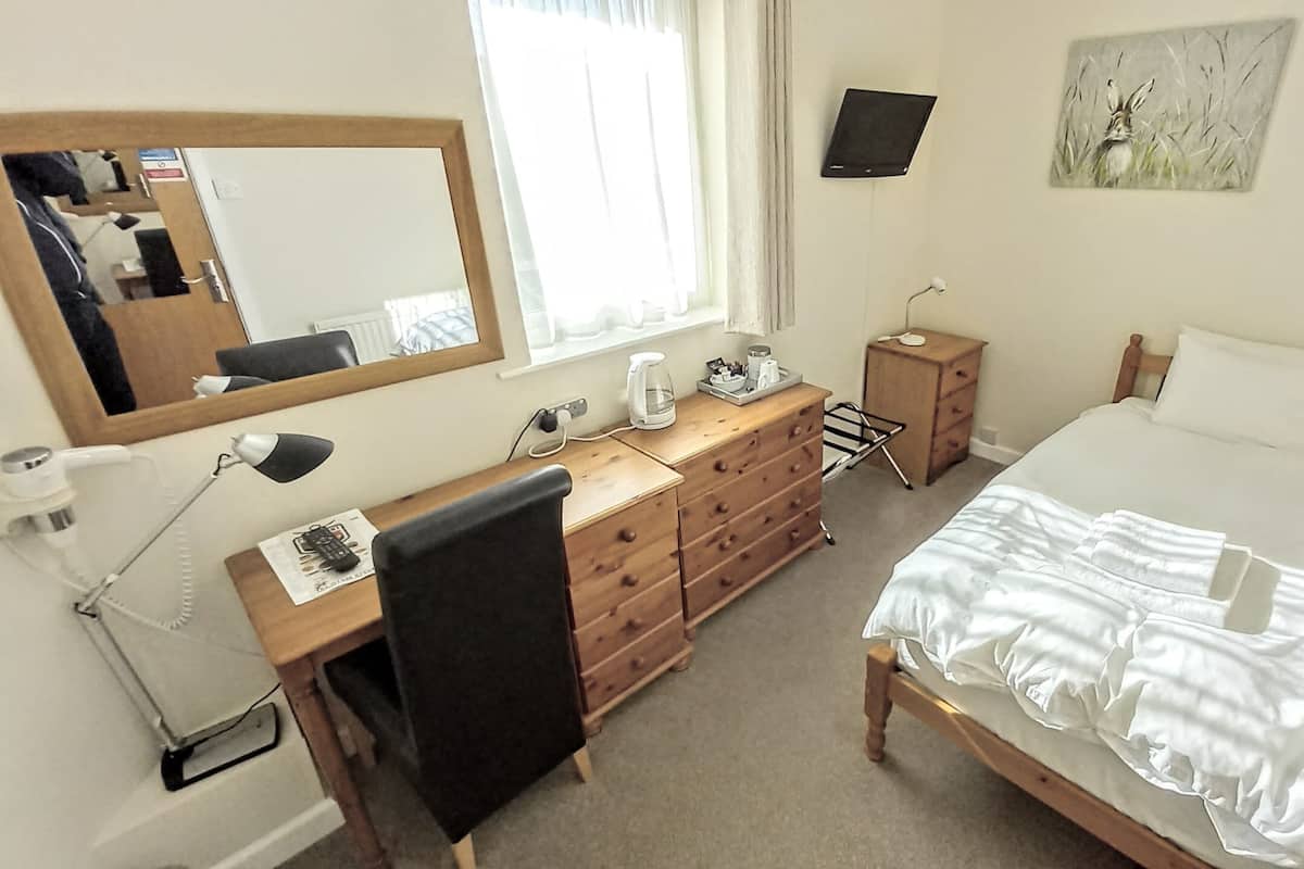 A bedroom with a bed, a desk, a dresser, a mirror, a TV, and a painting on the wall.