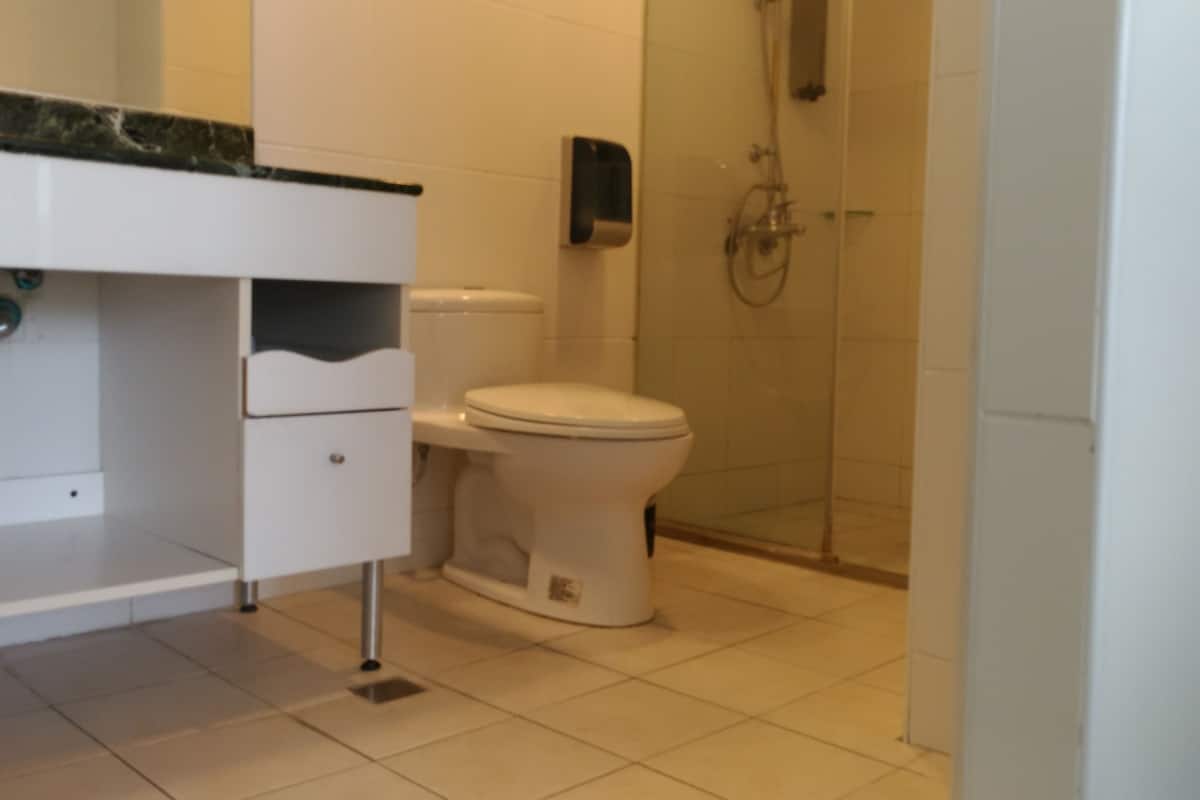 deluxe double room | bathroom | shower, rainfall showerhead, free toiletries, hair dryer