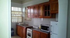 Full-sized fridge, microwave, stovetop, coffee/tea maker