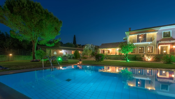 Una piscina con borde de baldosas, rodeada de césped cuidado y un árbol grande.