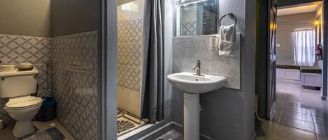 A bathroom with a shower, toilet, sink, and vanity mirror.