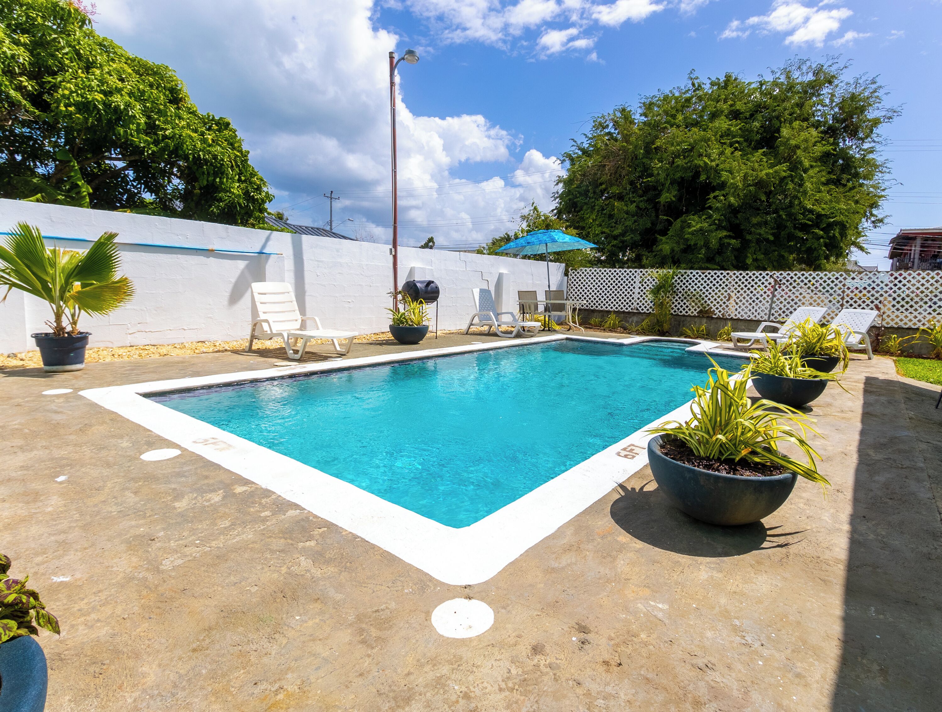 Une piscine rectangulaire aux bords blancs, entourée de chaises longues blanches et de plantes en pot.