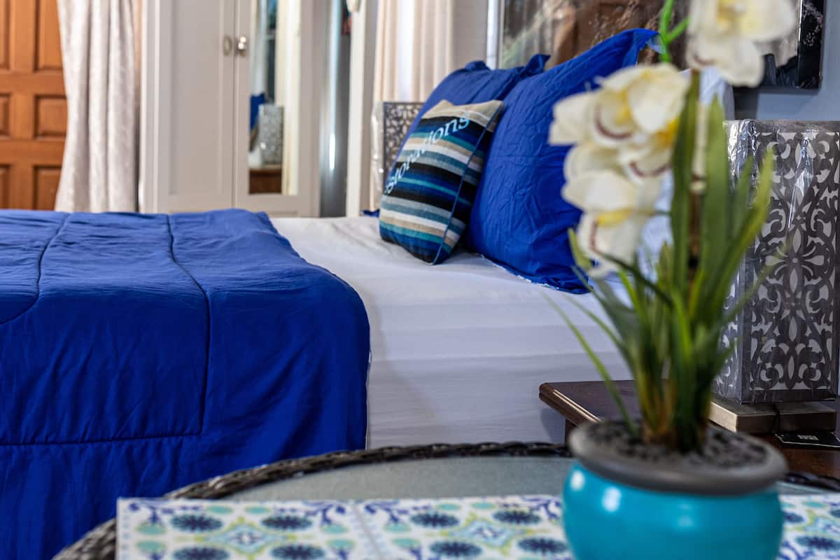 A bedroom with a bed covered in blue bedding, a potted orchid on a table, and a mirror reflecting the room.