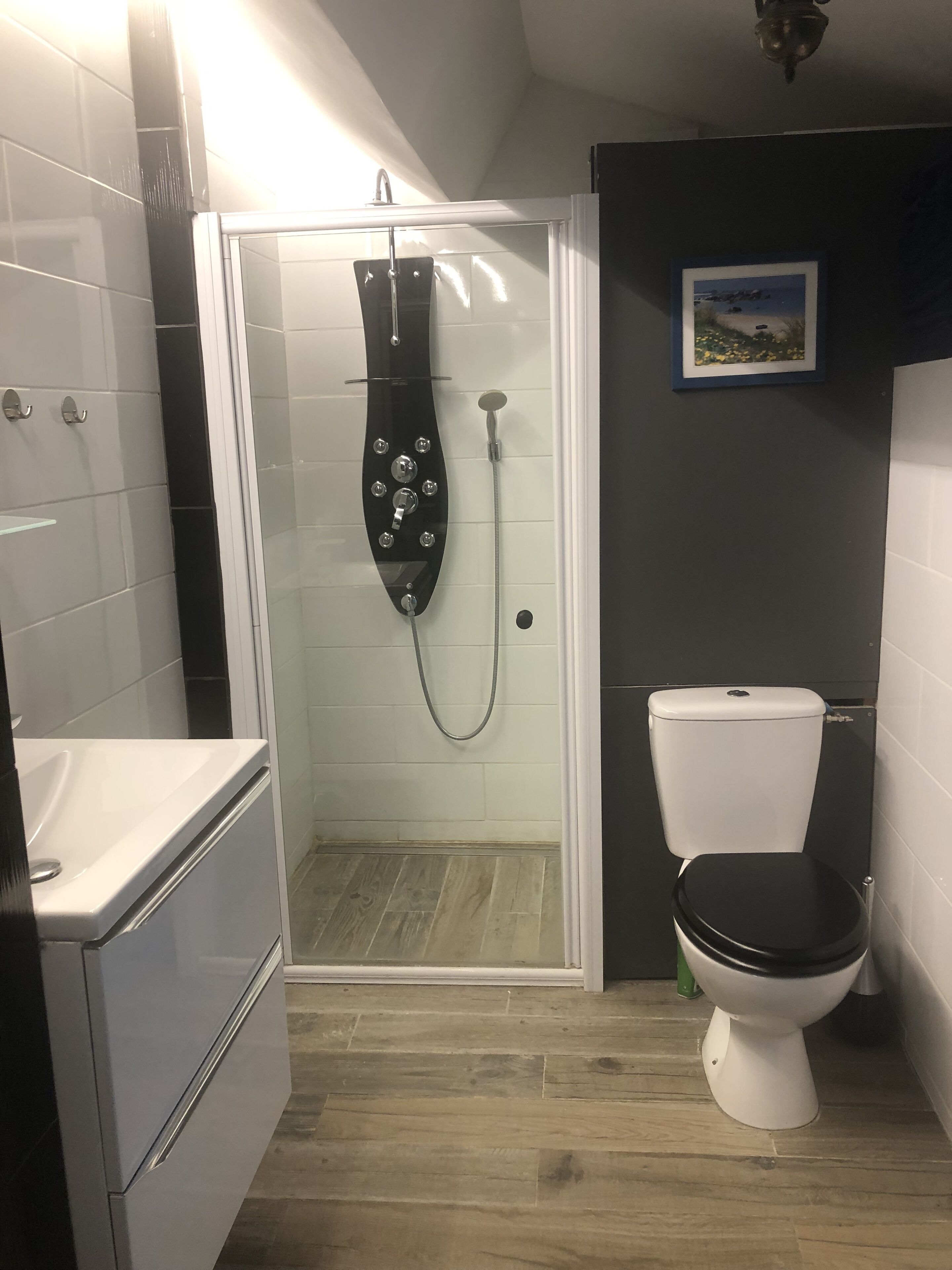 A bathroom with a shower enclosure, a toilet, and a sink.