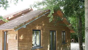 A wooden cabin with a sign reading "Skorrill," large windows, and a chimney.