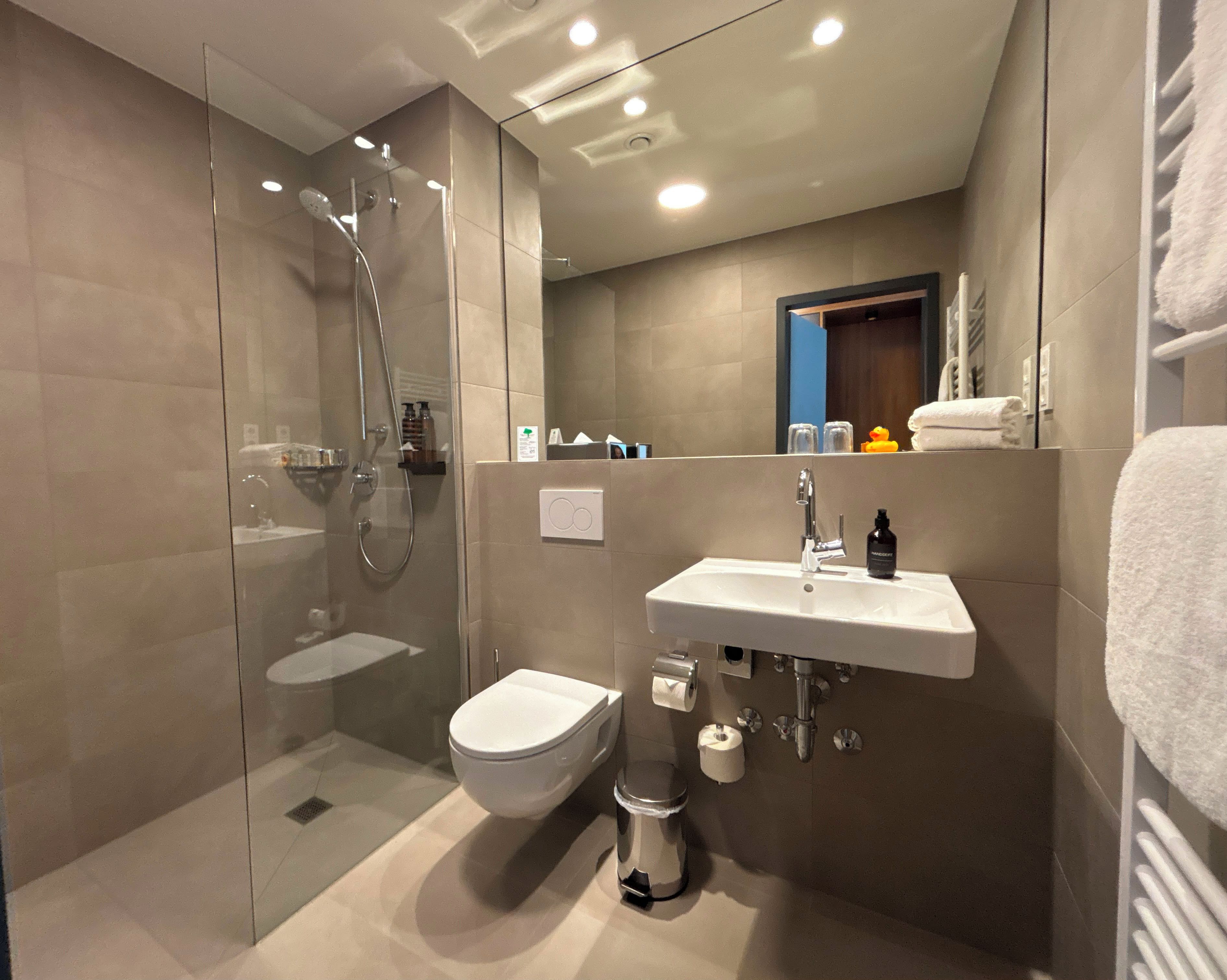 A modern bathroom with a glass-enclosed shower, a white toilet, and a sink with a mirror above.