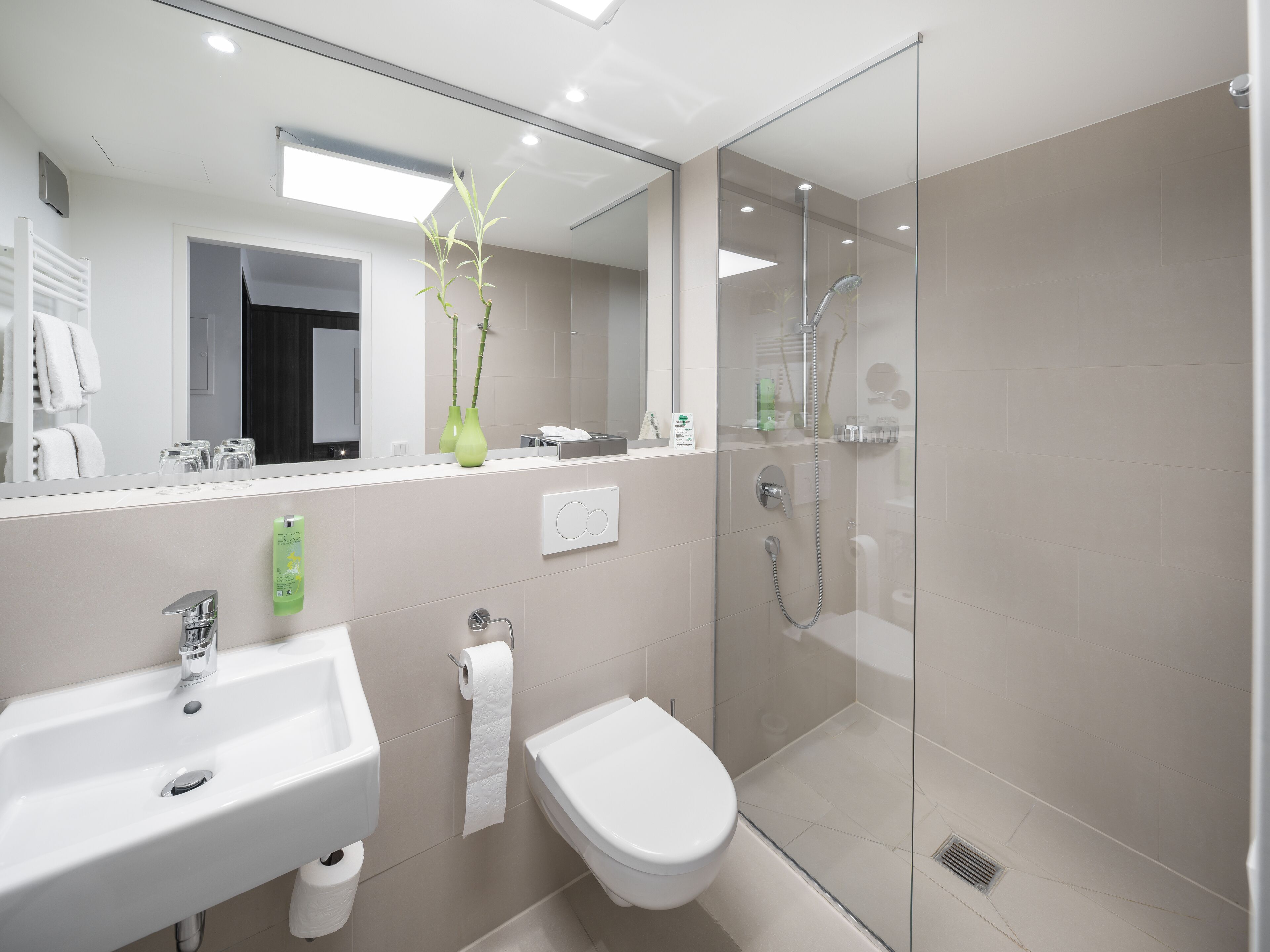 shower, free toiletries, slippers, towels