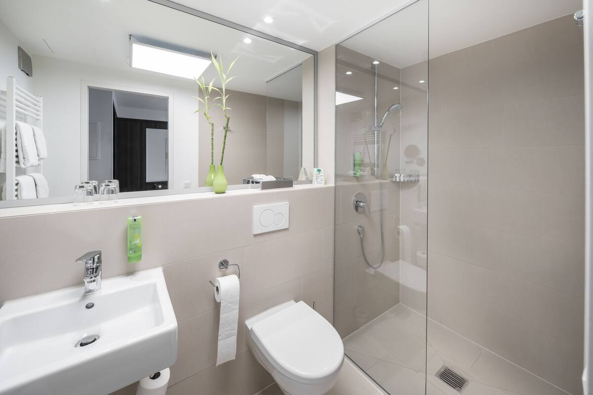 shower, free toiletries, slippers, towels