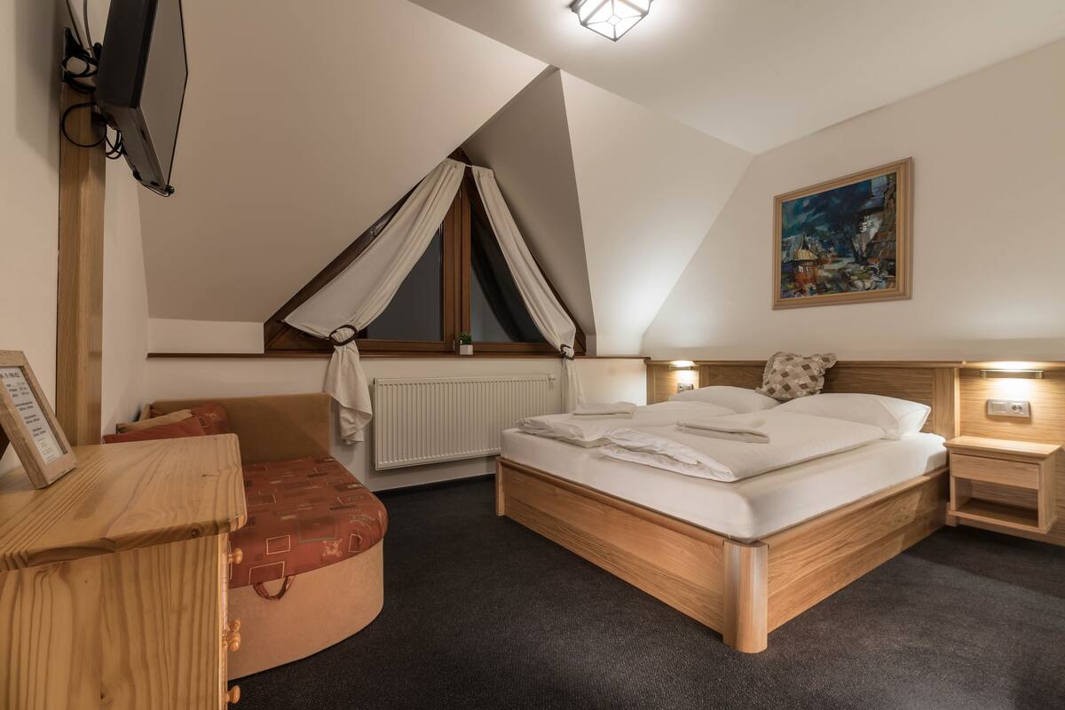 Habitación Confort doble, 1 cama de matrimonio grande con sofá cama | Escritorio, sistema de insonorización, wifi gratis y ropa de cama